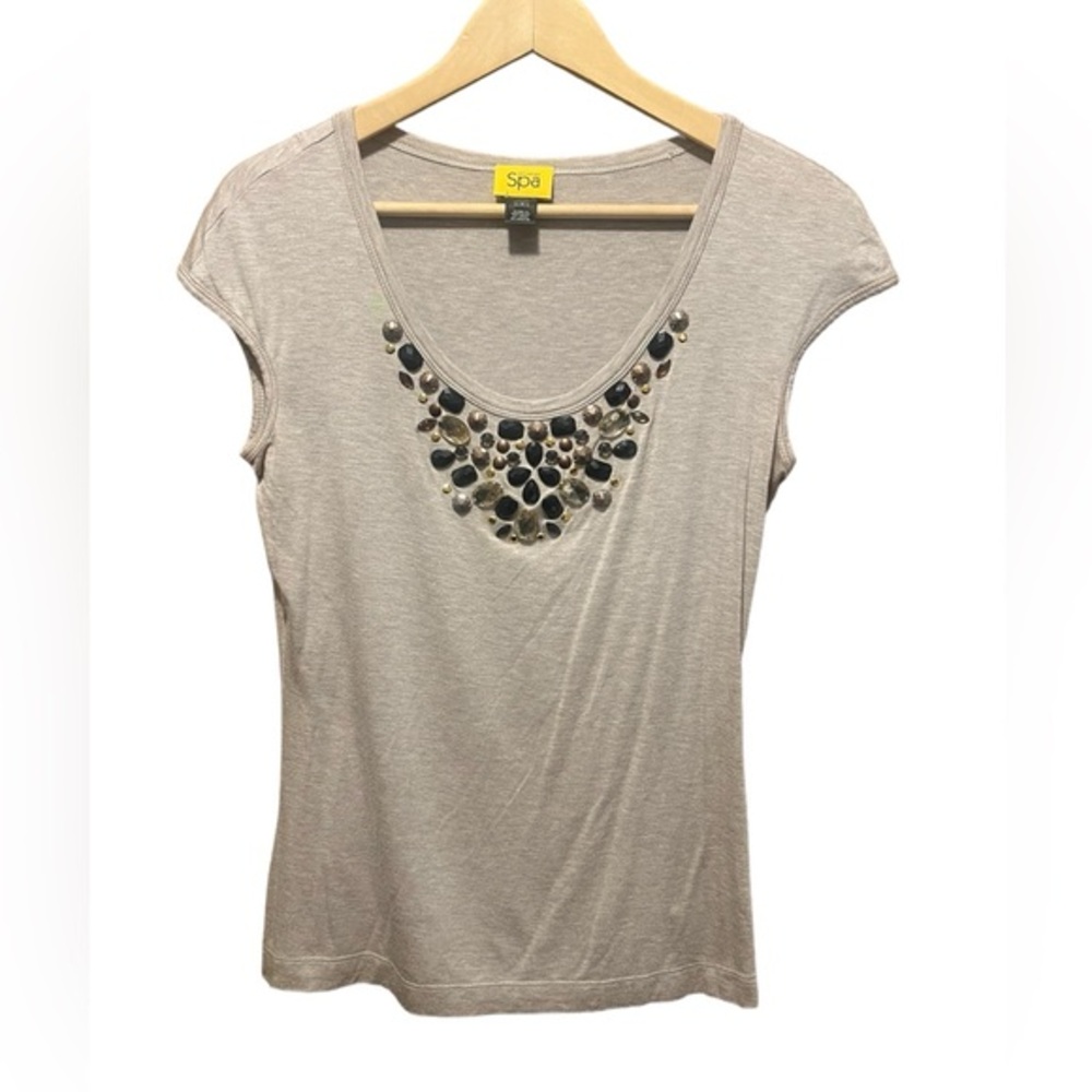 St. John Spa Oatmeal‎ Melange Embellished Short Sleeve Shirt Size Small
